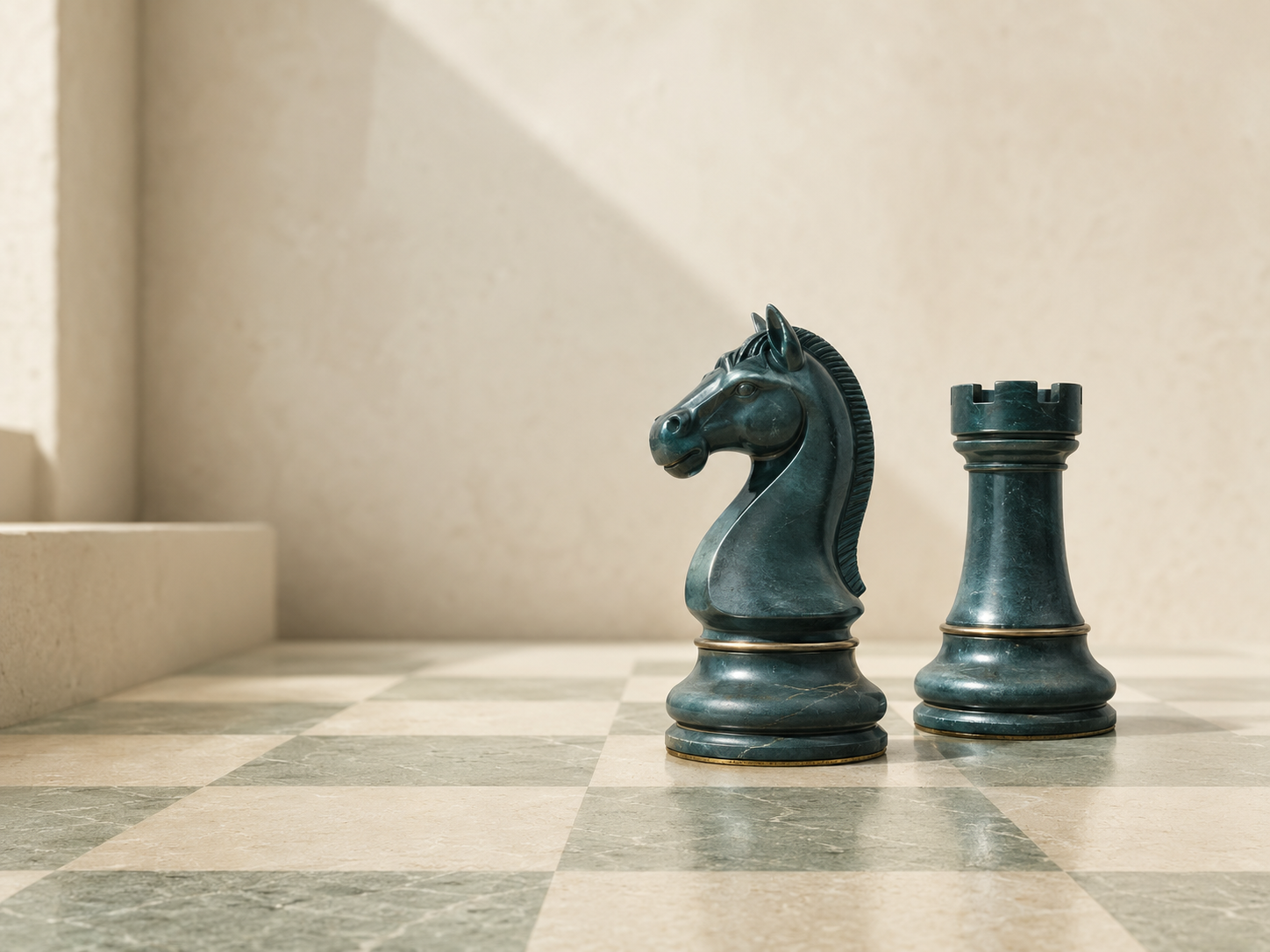 A teal chess knight and rook aligned on the same stone chessboard