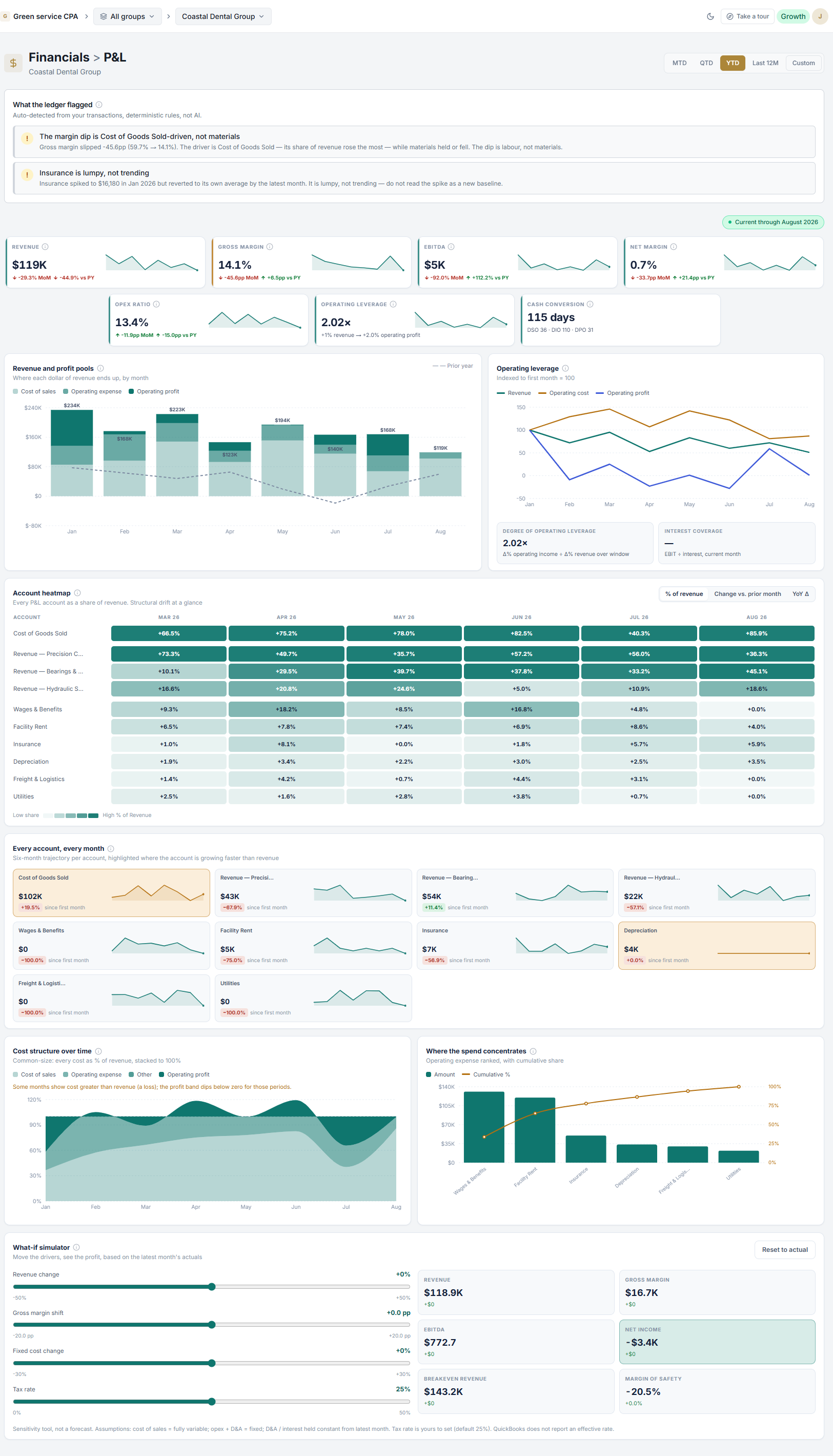Data Financial Profit and Loss dashboard with financial performance, account heatmap and what-if analysis