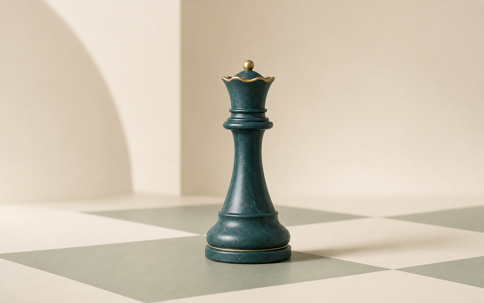 An elegant teal and gold chess queen on a minimal board